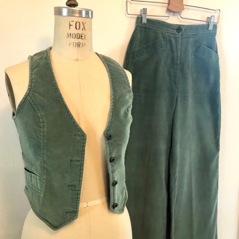 Vintage 70s Corduroy Pant Set Vest Wide Leg Crop